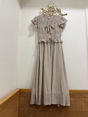 Moon River Beige Gingham Midi Dress